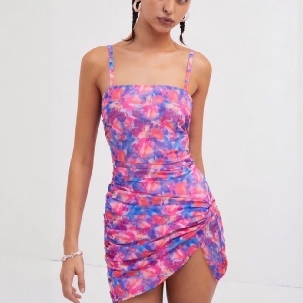 For Love & Lemons Natasha Swim Cover Up Floral Mesh Ruched Mini Dress Small